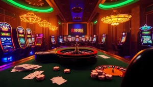 RR88 players enjoying an exciting online casino experience with vibrant slot machines and roulette.