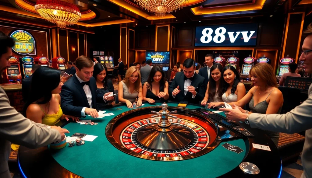 Players enjoying a sophisticated casino experience with 88vv, featuring roulette and poker.