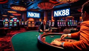 Engaged players enjoy high-stakes poker at a luxury casino table highlighted by NK88 branding.