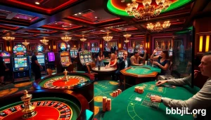 Exciting gaming scene showcasing bdjl.org with casino tables and players celebrating wins.