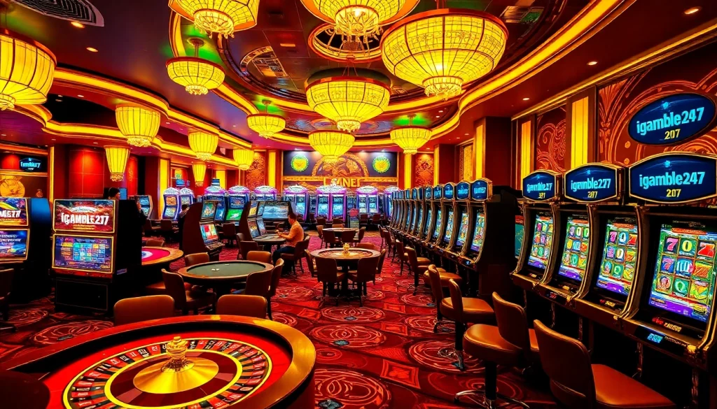 Players enjoying various games at igamble247, highlighting excitement and winning opportunities in a luxurious casino environment.