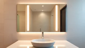 Reflective elegant bathroom mirror framed with soft LED lights in a modern setting.