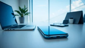 The Samsung Galaxy S8 smartphone showcased in a modern workspace, emphasizing its sleek design and advanced features.