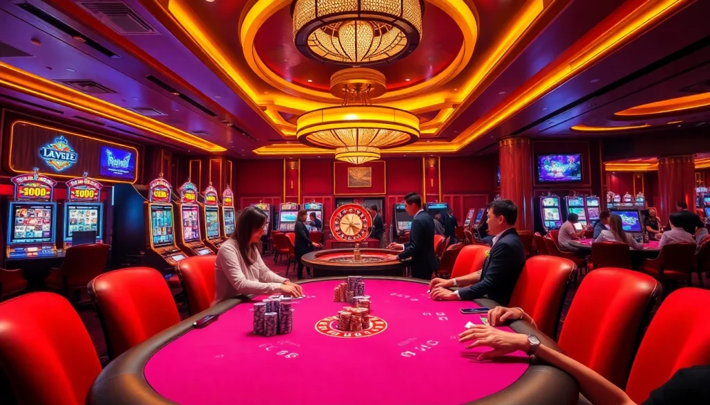 A vibrant casino scene at https://nova8886.com/ featuring an exciting poker game, roulette wheel, and luxurious slot machines.