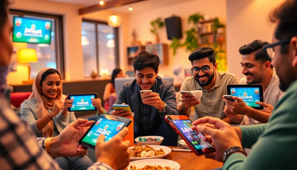 Players actively engaging with jalwa games on various devices in a lively environment.