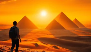Pyraminds towering majestically under the sunset sky in Giza, capturing their grandeur.