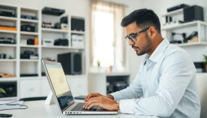 Providing Computer help near me in a modern home office setting with a technician and laptop.