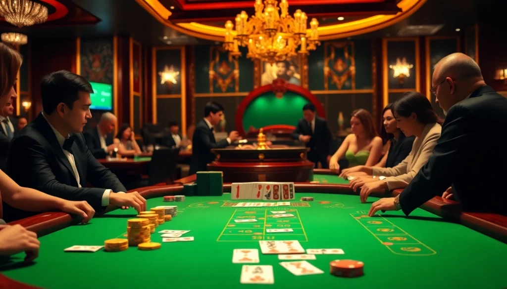 Experience FLY88 đăng nhập as gamblers engage in strategic betting at luxurious casino tables.