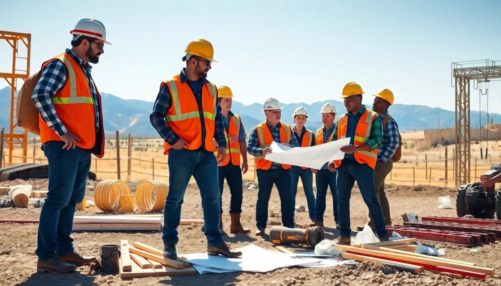 Construction association Wyoming team working harmoniously on a project site with blueprints.