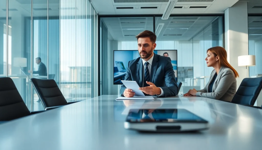 Business trip (출장) scene showcasing professional engagement in a modern office.