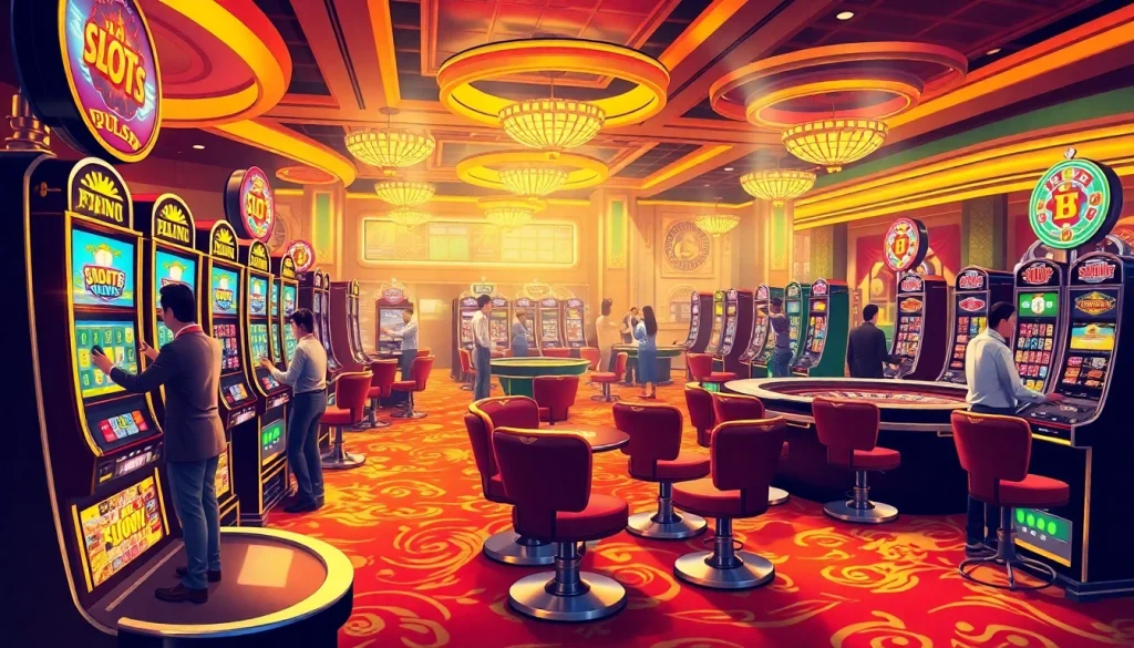 Para pemain menikmati mesin slot pulsa yang mendebarkan dalam suasana kasino yang meriah dengan lampu-lampu terang.