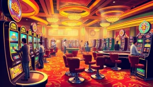 Para pemain menikmati mesin slot pulsa yang mendebarkan dalam suasana kasino yang meriah dengan lampu-lampu terang.