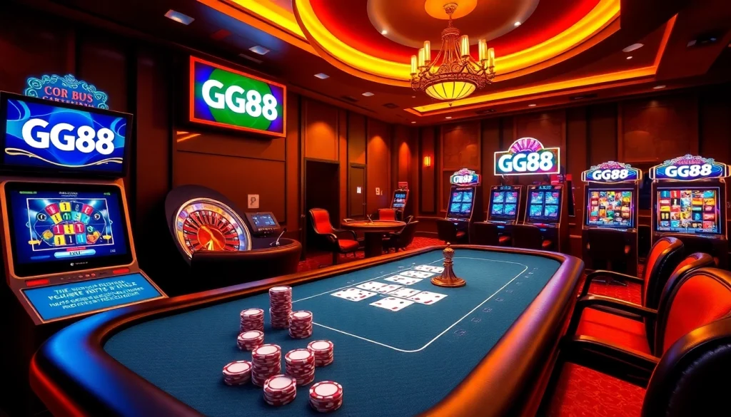 Experience high-stakes gaming at GG88 with luxurious casino visuals of poker and roulette.