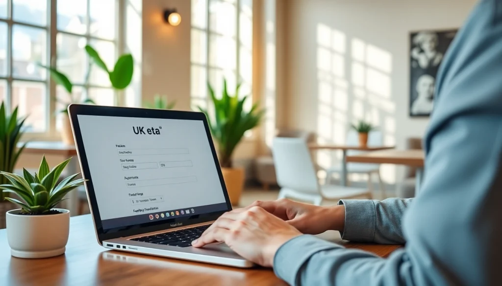 Complete your uk eta online application easily with a traveler working in a café setting.