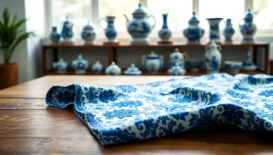 Delfts blauwe stof met unieke patronen op een houten tafel gepresenteerd.