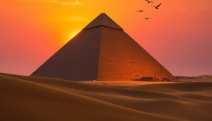 Capture the grandeur of piraminds at sunset, showcasing the Great Pyramid of Giza with dramatic lighting.