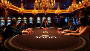 SODO themed poker table with players engaged in a high-stakes game at a luxury casino.