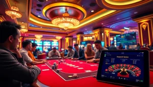 Players enjoying a thrilling poker game with https://ok88.tech/ digital interface in vibrant casino atmosphere.