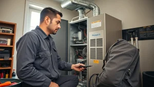 Expert performing gas furnace repair waccabuc in a well-lit residential space.