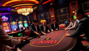 Gamblers engaging at a GK88 branded poker table in an upscale casino.