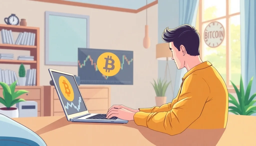 Acheter Bitcoin facilement en ligne depuis un bureau moderne avec Bitcoin affiché sur l'écran.