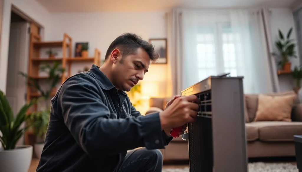 Technician providing heating repair purdys services in a warm home environment.