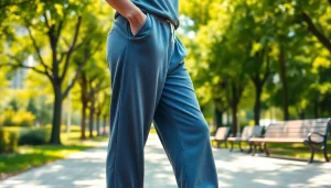 Model wearing oversized sweatpants relaxing in a vibrant urban park.