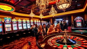 Experience the excitement of Onicplay with energetic gamblers at a vibrant casino scene.