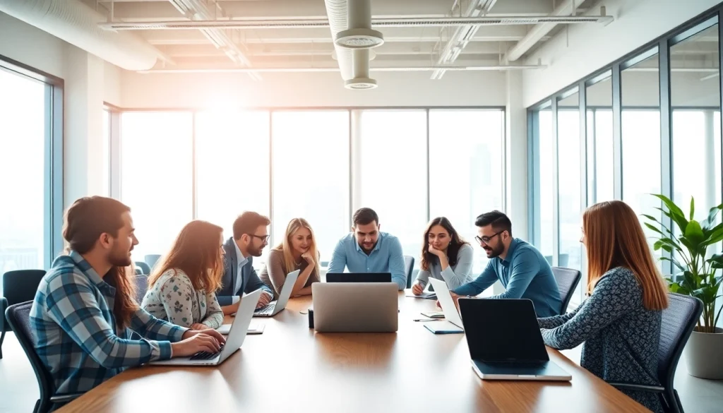 Engaged team discussing strategies for https://www.pnmmedia.com in a bright office environment.