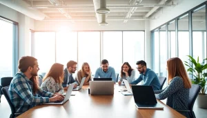 Engaged team discussing strategies for https://www.pnmmedia.com in a bright office environment.