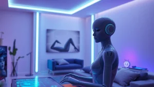 Futuristic NSFW AI virtual assistant engaging with a user in a modern setting, showcasing innovative technology.