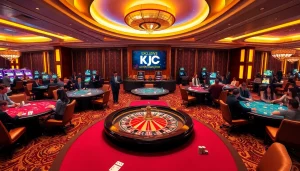 KJC casino scene with vibrant gaming tables and lively players engaged in high-stakes action.