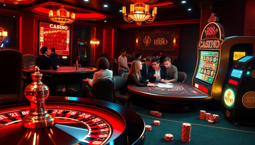 Players enjoying a thrilling game at RR88 casino with vibrant card tables and roulette wheels.