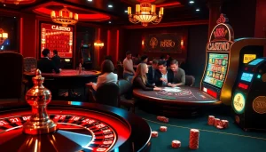 Players enjoying a thrilling game at RR88 casino with vibrant card tables and roulette wheels.