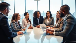 Engaged professionals search to find a job board for sales roles in a modern office environment.