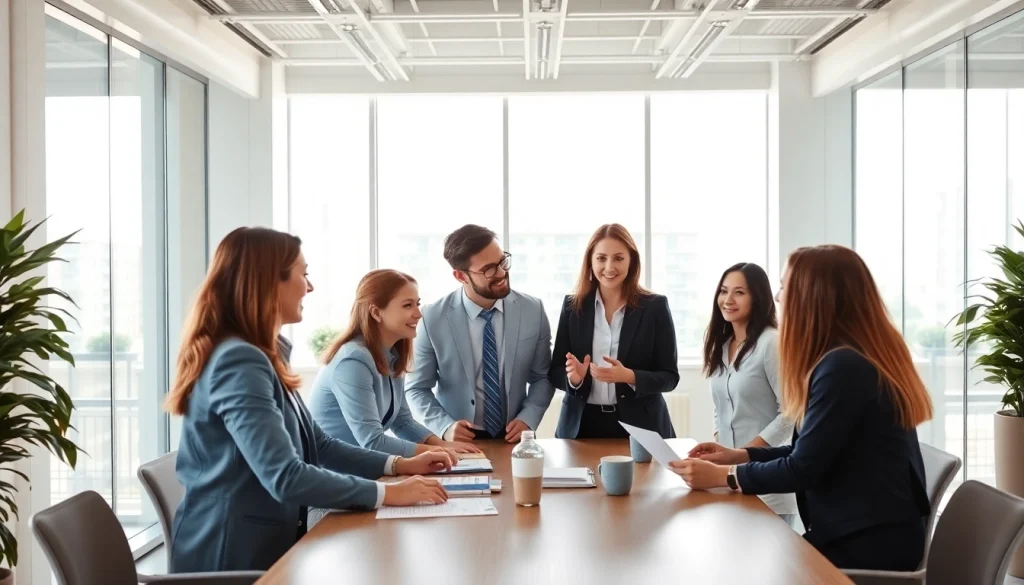 Engaged team meeting to hire commission sales reps effectively in a professional office.