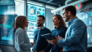 Engaged AI integration service provider team analyzing data in a modern setting.