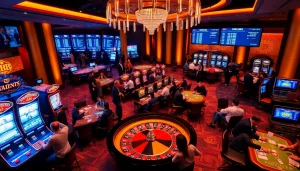 Engaging scene of diverse gamblers enjoying casino games at uu88's modern gaming hubs.