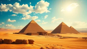 Piraminds standing majestically against the desert landscape under bright blue sky.