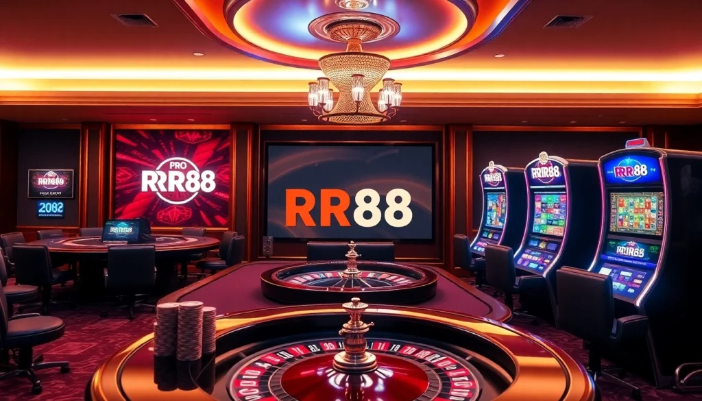 Experience thrilling gambling at RR88 with a vibrant casino scene showcasing poker, roulette, and digital slots.
