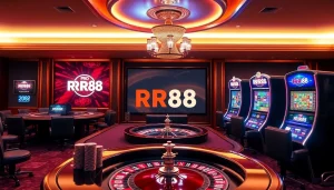 Experience thrilling gambling at RR88 with a vibrant casino scene showcasing poker, roulette, and digital slots.