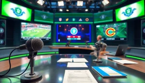 Engaging scene of Sports Broadcasting setup with anchors discussing live events and vibrant screens.