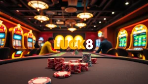 Trải nghiệm cảm giác hồi hộp của LUCK8 và sự phấn khích tài chính tại bàn poker với ánh đèn sống động và các người chơi chuyên nghiệp.
