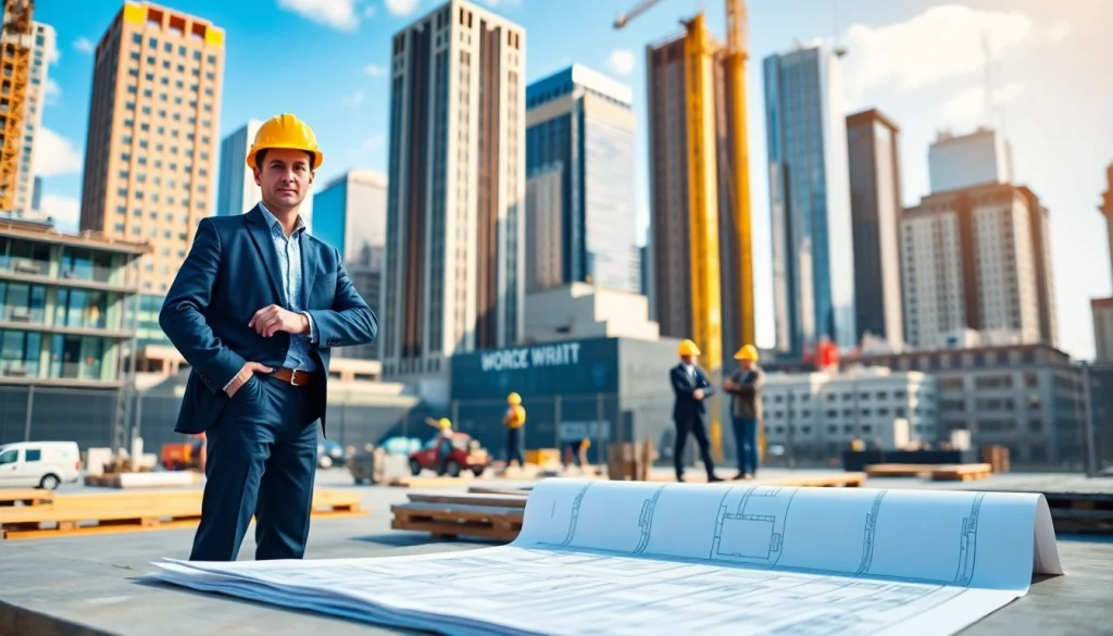 New York Construction Manager overseeing a busy construction site with architectural plans.