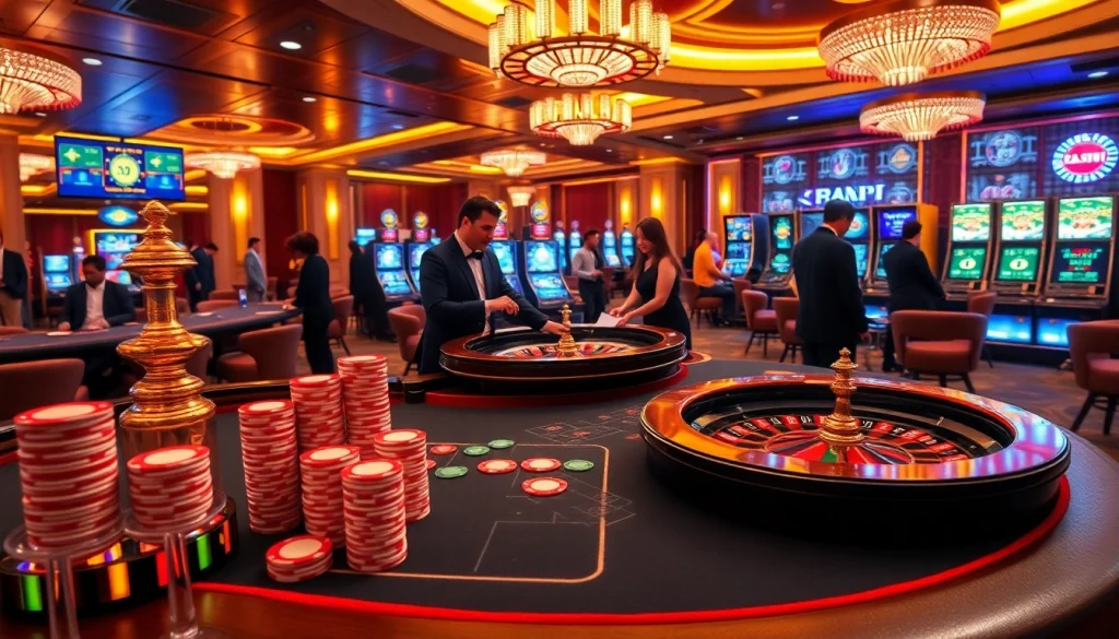 Players enjoying a thrilling game at a rikvip casino, surrounded by vibrant slot machines and poker tables.