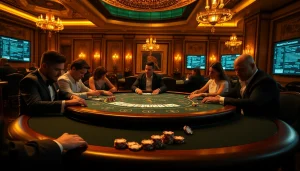 A high-stakes blackjack game featuring elements from the hidden wiki dark web in a luxurious casino setting.