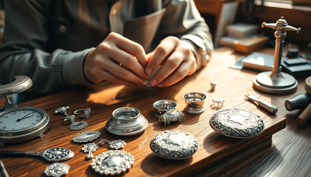 Valutazione esperta di compro argento con attrezzatura professionale e illuminazione calda.