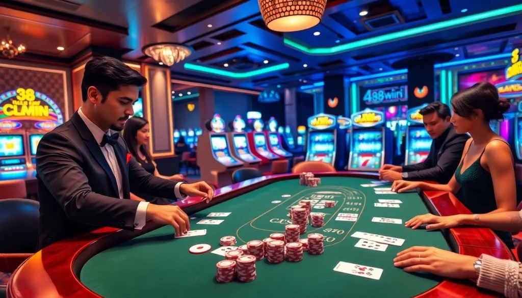 Experience high-stakes blackjack action at 98win's luxurious casino table with skilled players and vibrant ambiance.
