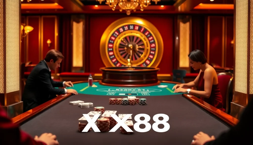 Players engaged in an exciting blackjack game at XX88's luxurious casino, showcasing vibrant action and atmosphere.