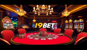 Gambling action at I9BET casino with poker chips, roulette, and slot machines.